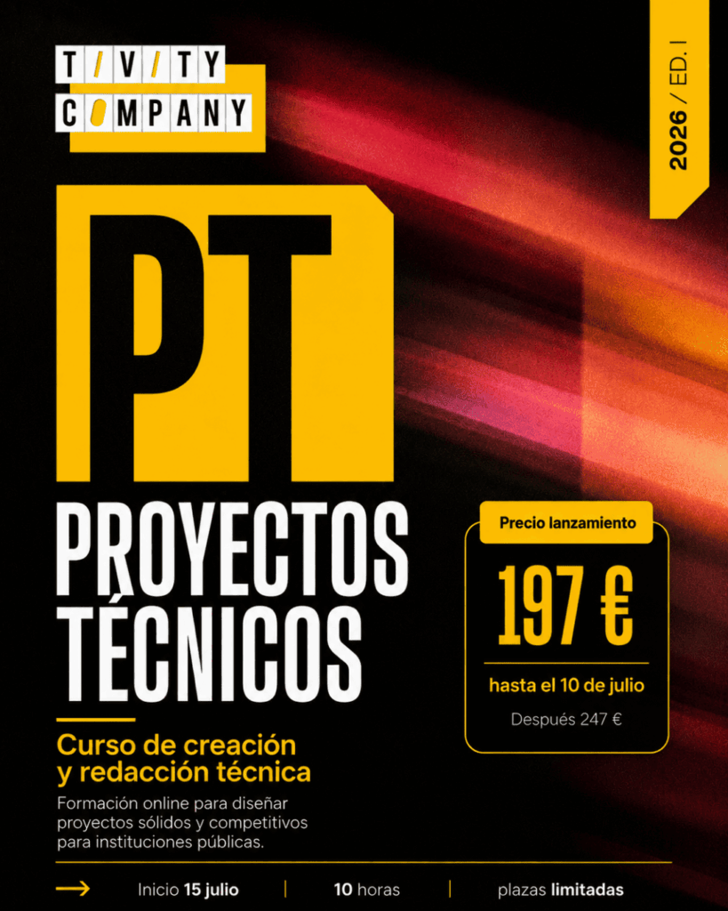 Cartel del curso online de Diseño de Proyectos Técnicos de Tivity Company, dirigido a profesionales y entidades que quieren trabajar con instituciones públicas.